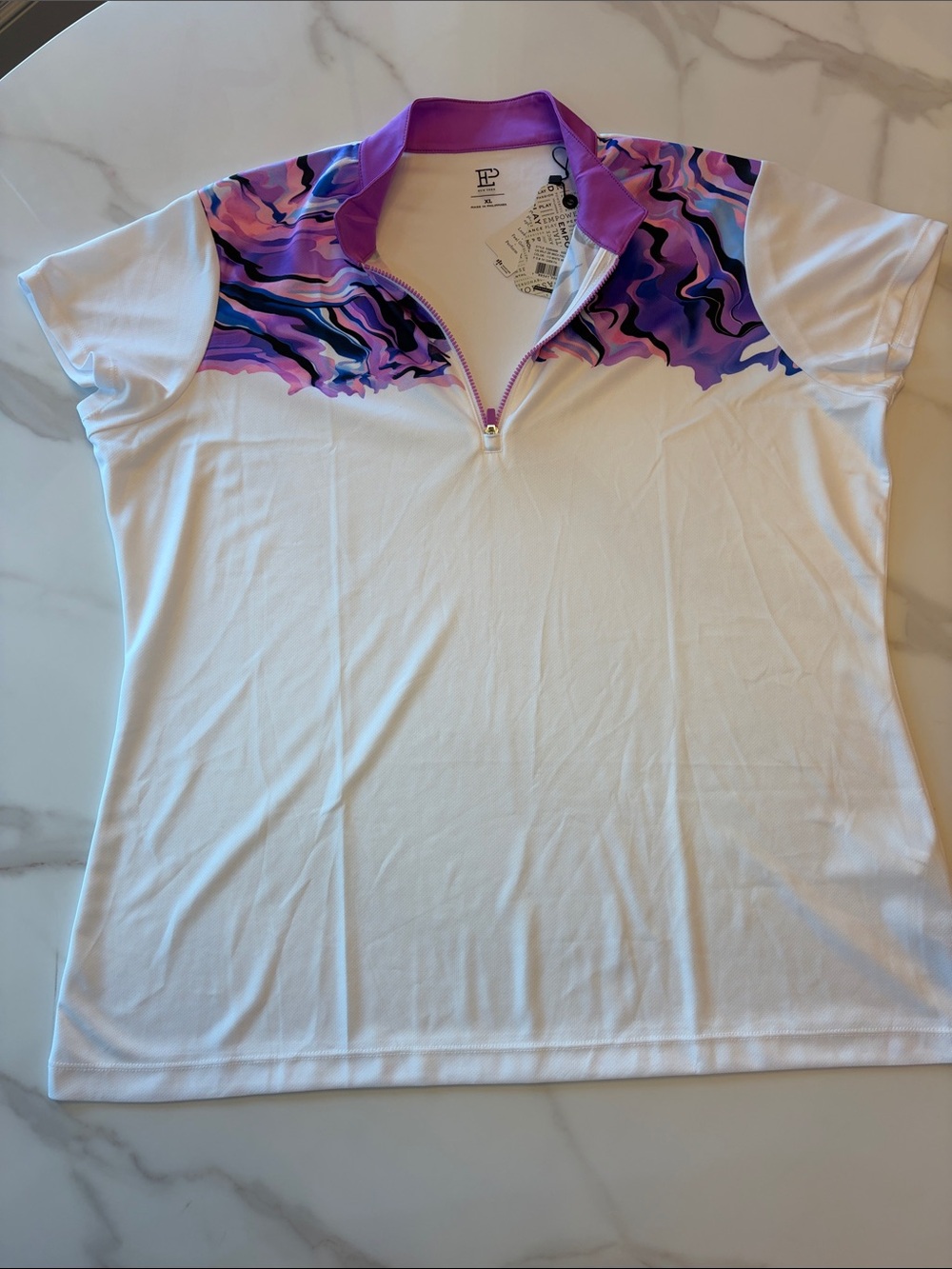 EP Pro White Short-Sleeve Polo with Purple and Pink Swirl Accents